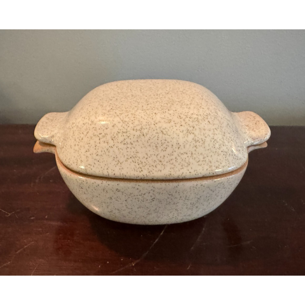 Vintage Glidden Pottery Lidded Casserole Dish Speckled Cream Glaze